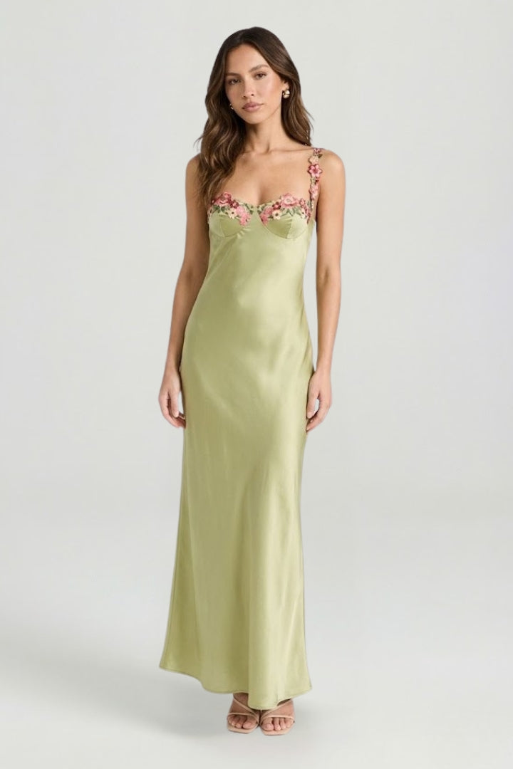 Maelis | Bloemen Droom Geborduurde Maxi Jurk – Mouwloze Slim-Fit Bodycon Gown