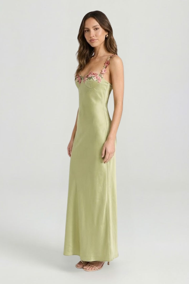 Maelis | Bloemen Droom Geborduurde Maxi Jurk – Mouwloze Slim-Fit Bodycon Gown