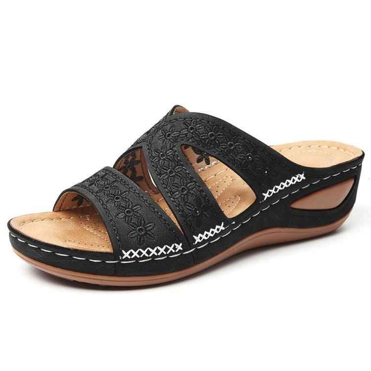 Genevieve | Dames sandalen met geborduurde bloemen – Comfortabele, platte instapsandalen