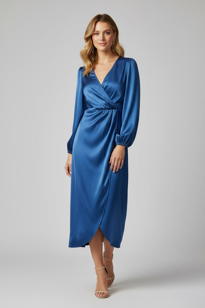 Calyra | Wikkel midi-jurk voor dames – diepe V-hals, lange mouwen en gedrapeerde pasvorm