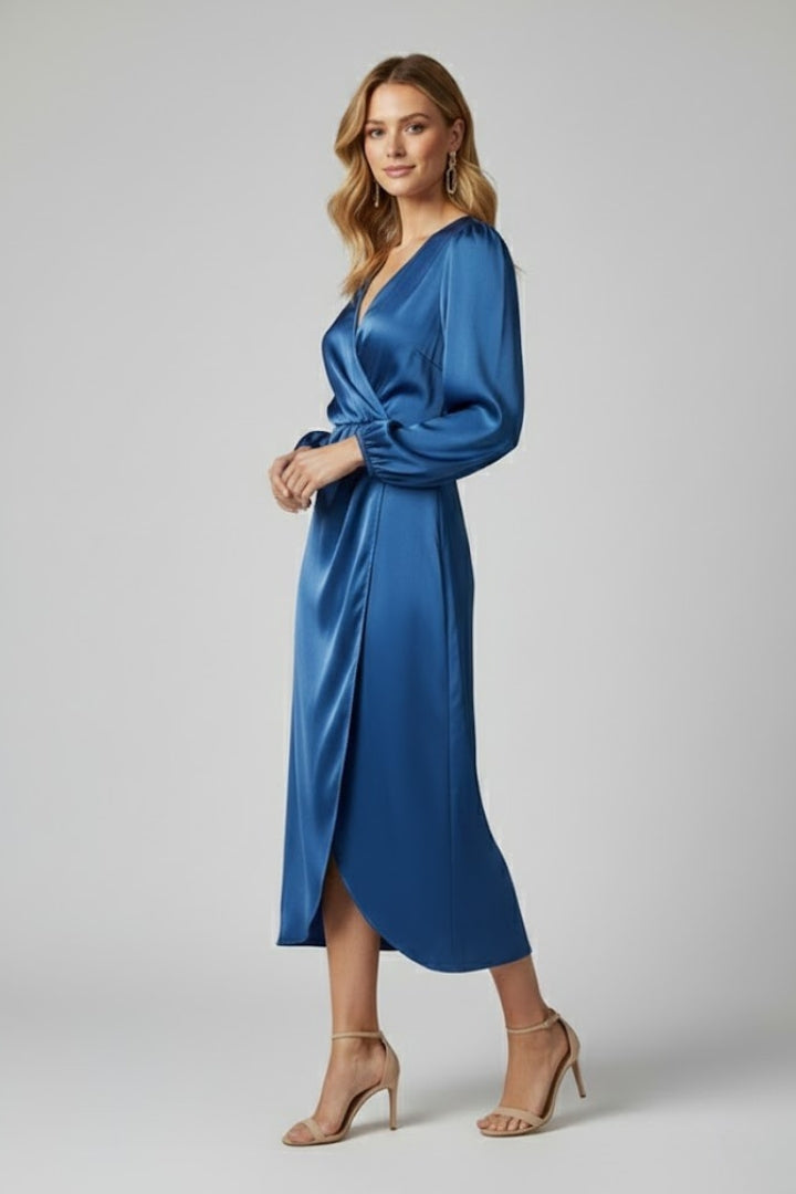Calyra | Wikkel midi-jurk voor dames – diepe V-hals, lange mouwen en gedrapeerde pasvorm