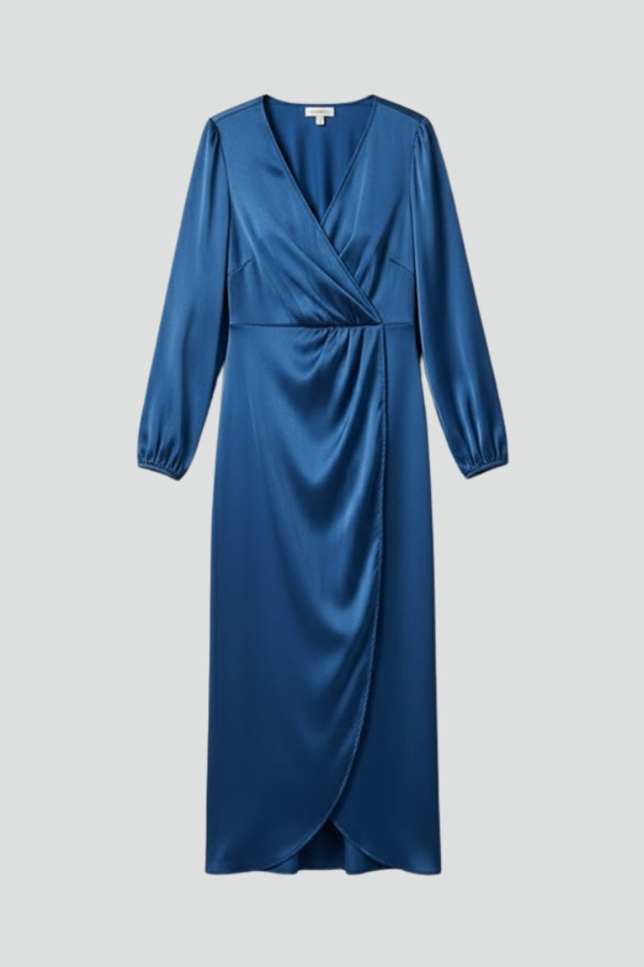 Calyra | Wikkel midi-jurk voor dames – diepe V-hals, lange mouwen en gedrapeerde pasvorm
