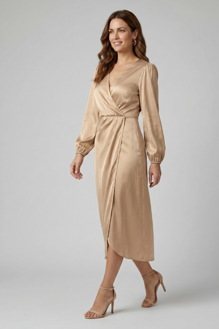 Calyra | Wikkel midi-jurk voor dames – diepe V-hals, lange mouwen en gedrapeerde pasvorm