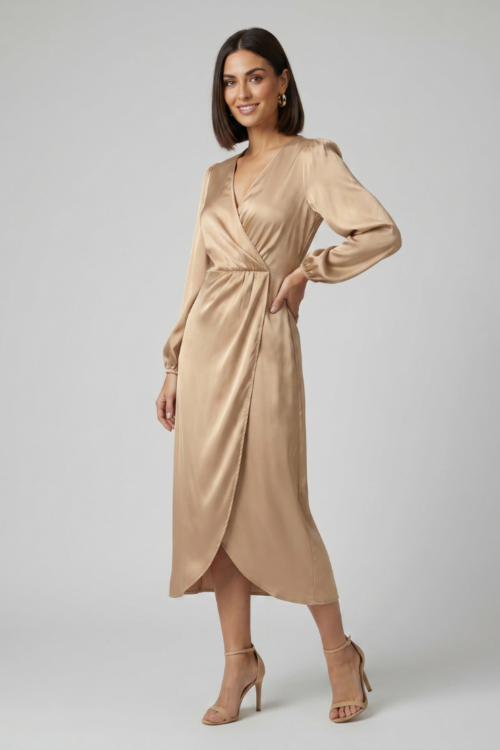 Calyra | Wikkel midi-jurk voor dames – diepe V-hals, lange mouwen en gedrapeerde pasvorm