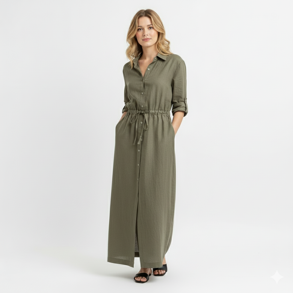 Kely | Maxi-shirtjurk voor dames – Casual jurk met lange mouwen en strik in de taille