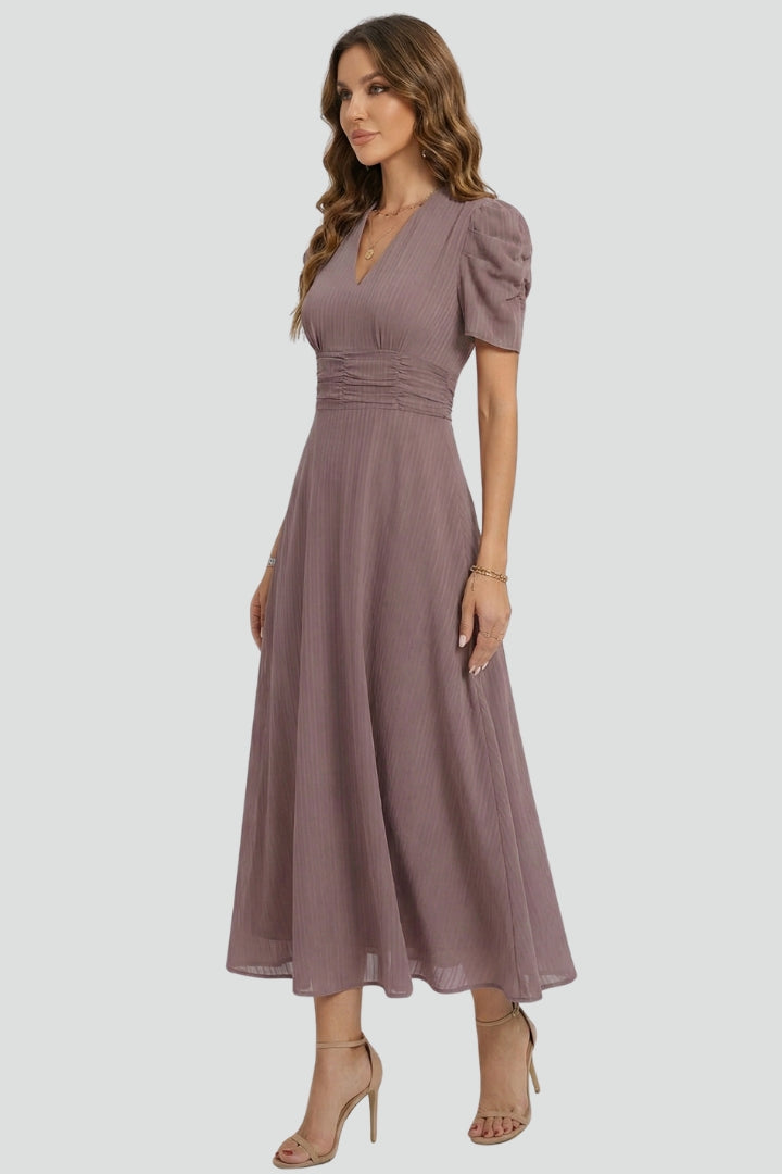 Ysera | Dames midi-jurk – geplooide taille zwierige jurk, elegante A-lijn zomerjurk
