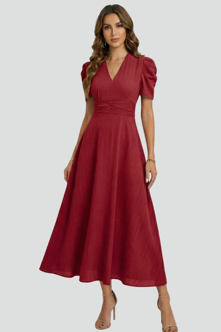 Ysera | Dames midi-jurk – geplooide taille zwierige jurk, elegante A-lijn zomerjurk