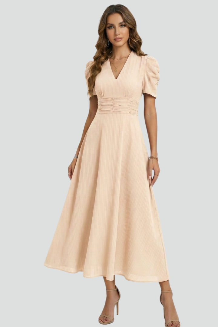 Ysera | Dames midi-jurk – geplooide taille zwierige jurk, elegante A-lijn zomerjurk