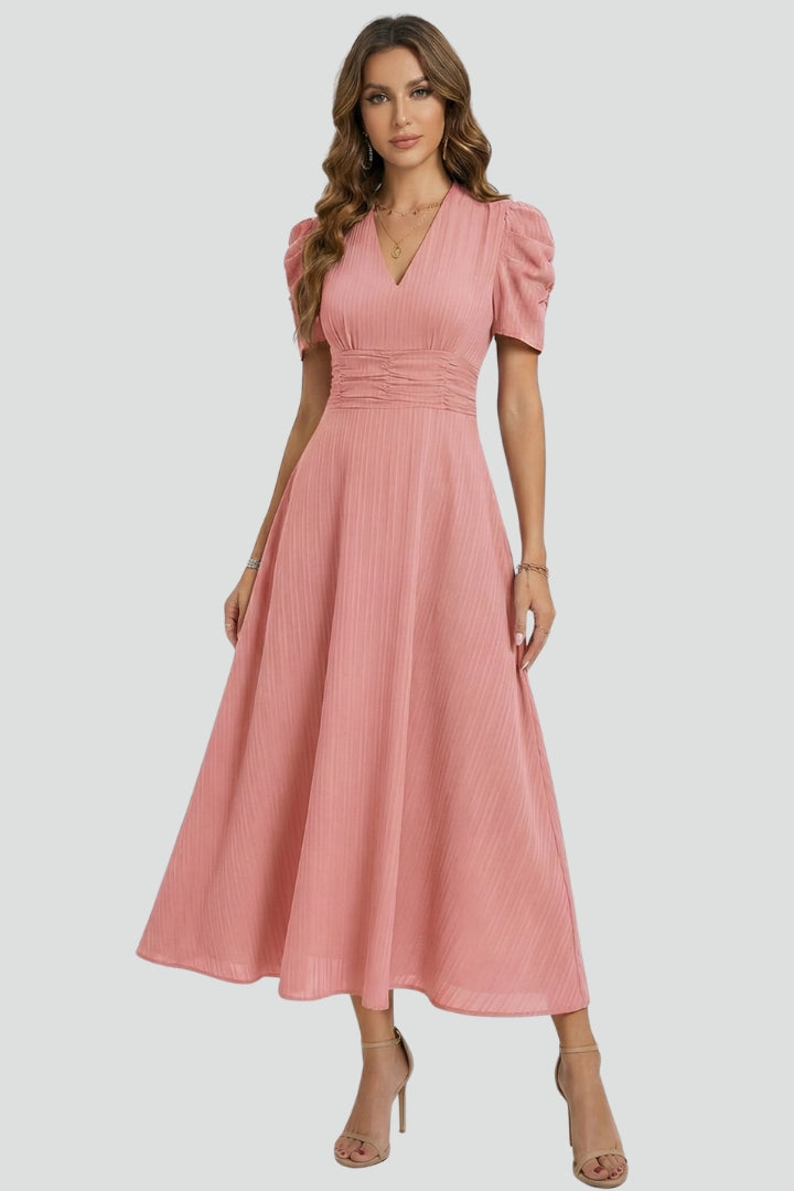 Ysera | Dames midi-jurk – geplooide taille zwierige jurk, elegante A-lijn zomerjurk