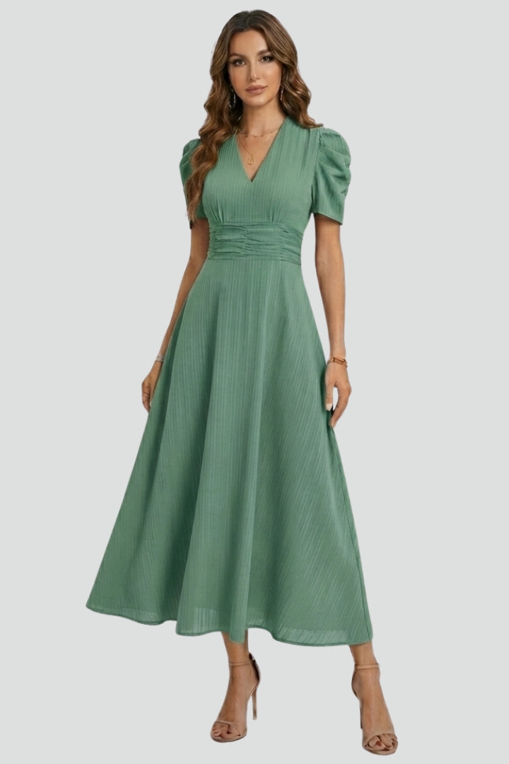 Ysera | Dames midi-jurk – geplooide taille zwierige jurk, elegante A-lijn zomerjurk