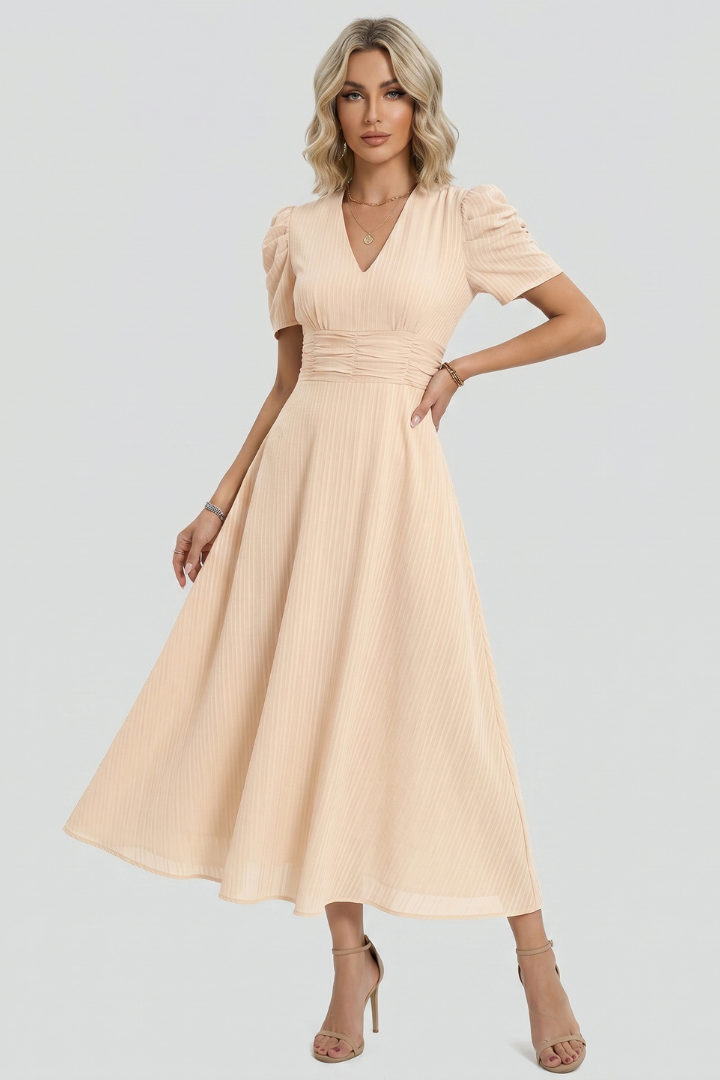 Ysera | Dames midi-jurk – geplooide taille zwierige jurk, elegante A-lijn zomerjurk