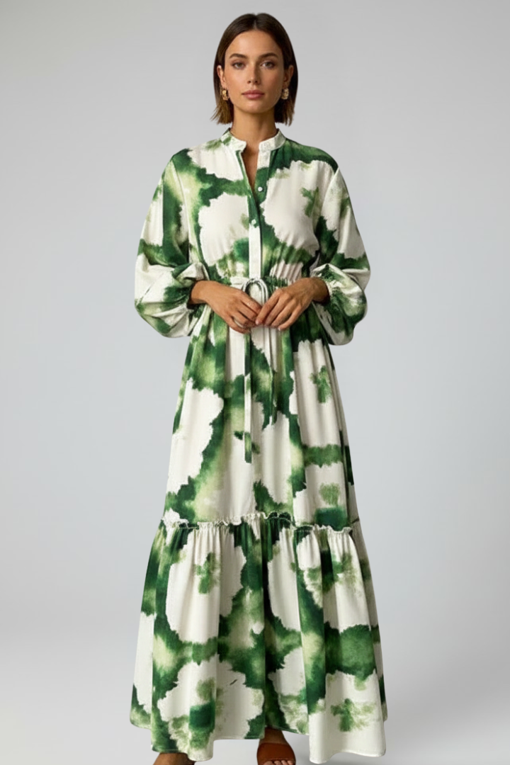 Yila | Dames maxi-jurk – V-hals lange mouwen zwierige bedrukte A-lijn maxi-jurk