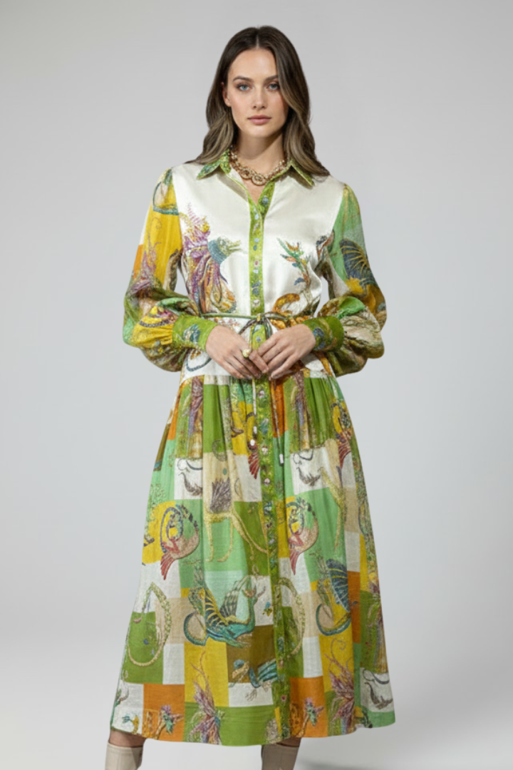 Yila | Dames maxi-jurk – V-hals lange mouwen zwierige bedrukte A-lijn maxi-jurk