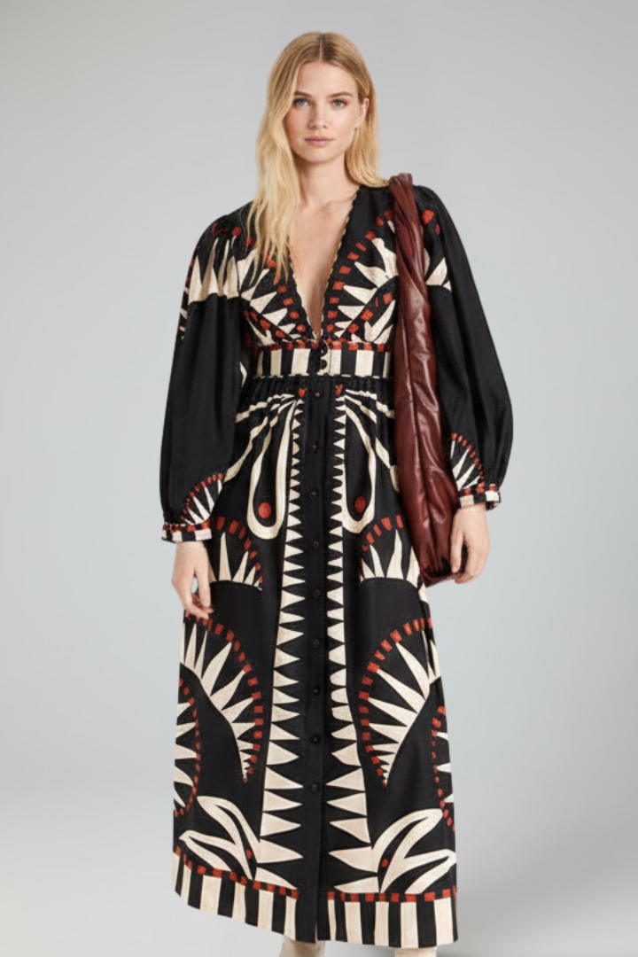 Yila | Dames maxi-jurk – V-hals lange mouwen zwierige bedrukte A-lijn maxi-jurk