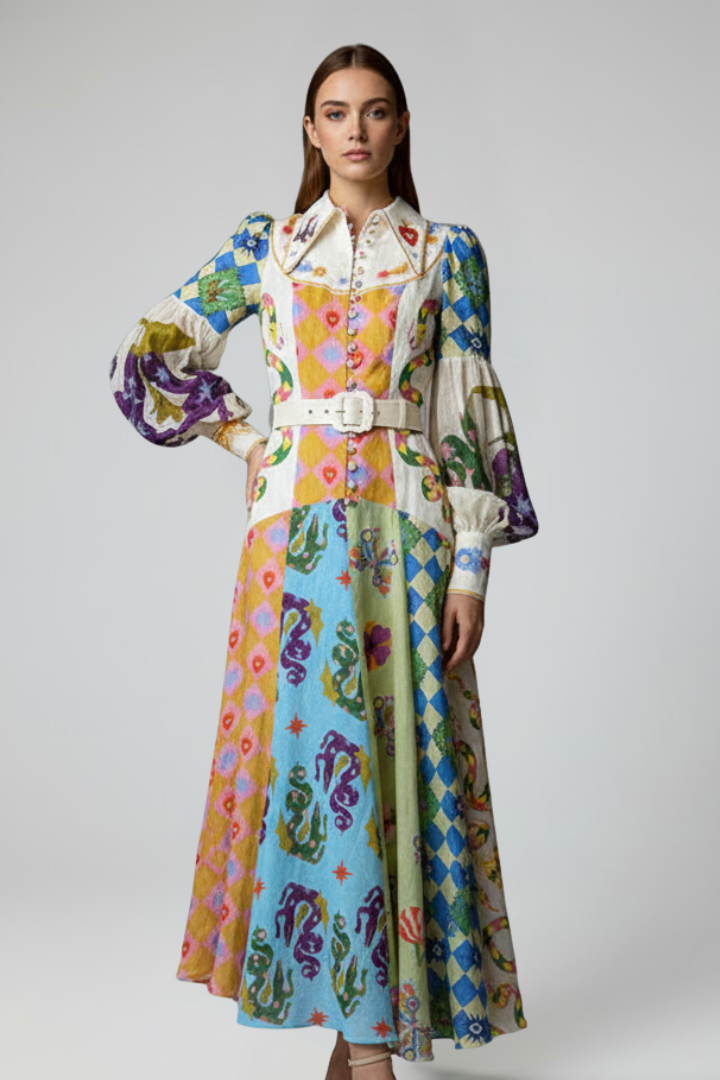 Yila | Dames maxi-jurk – V-hals lange mouwen zwierige bedrukte A-lijn maxi-jurk