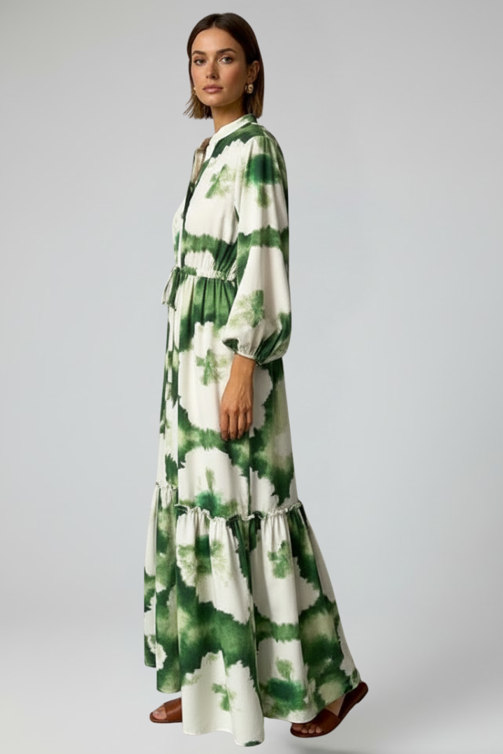 Yila | Dames maxi-jurk – V-hals lange mouwen zwierige bedrukte A-lijn maxi-jurk