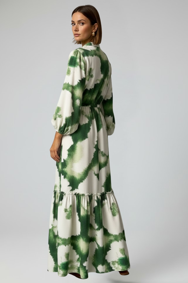 Yila | Dames maxi-jurk – V-hals lange mouwen zwierige bedrukte A-lijn maxi-jurk
