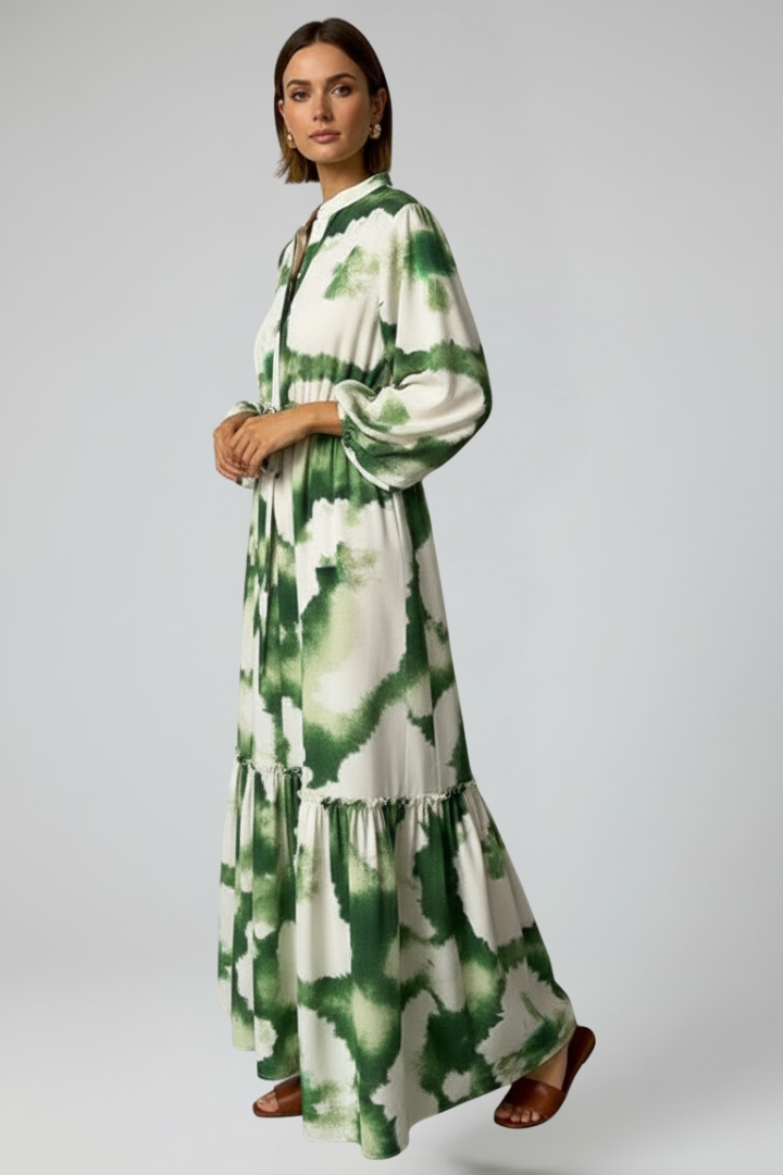 Yila | Dames maxi-jurk – V-hals lange mouwen zwierige bedrukte A-lijn maxi-jurk