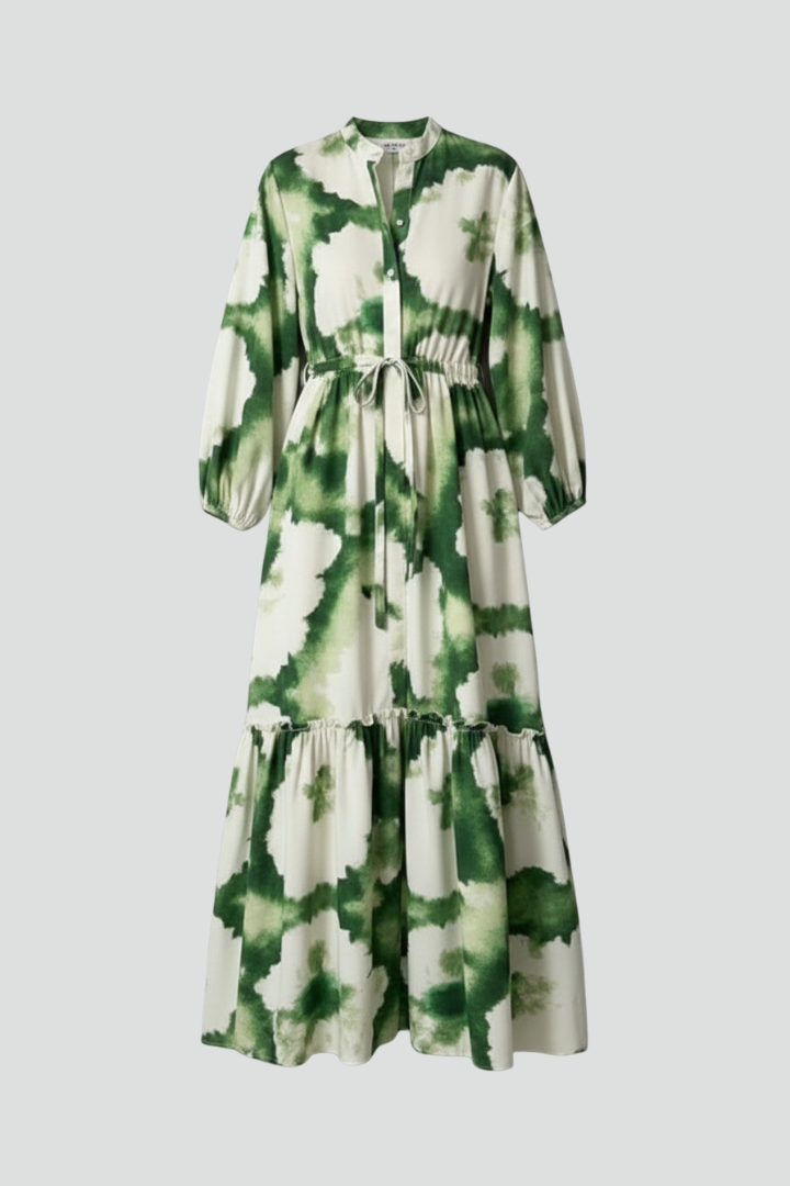 Yila | Dames maxi-jurk – V-hals lange mouwen zwierige bedrukte A-lijn maxi-jurk