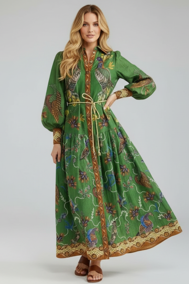 Yila | Dames maxi-jurk – V-hals lange mouwen zwierige bedrukte A-lijn maxi-jurk