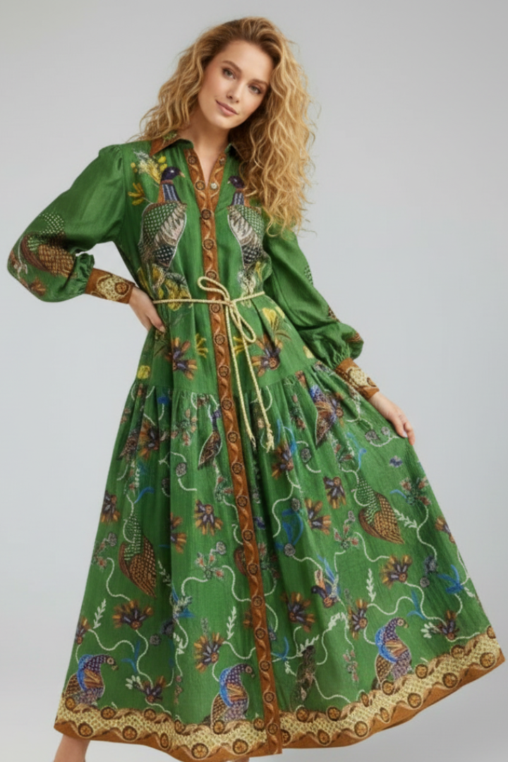 Yila | Dames maxi-jurk – V-hals lange mouwen zwierige bedrukte A-lijn maxi-jurk