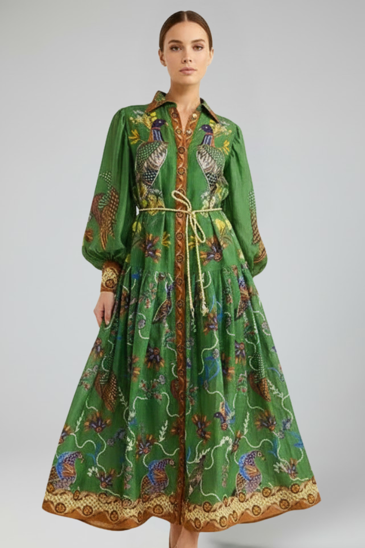 Yila | Dames maxi-jurk – V-hals lange mouwen zwierige bedrukte A-lijn maxi-jurk