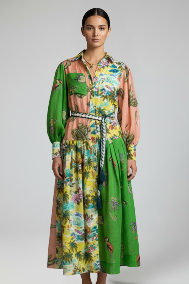 Yila | Dames maxi-jurk – V-hals lange mouwen zwierige bedrukte A-lijn maxi-jurk