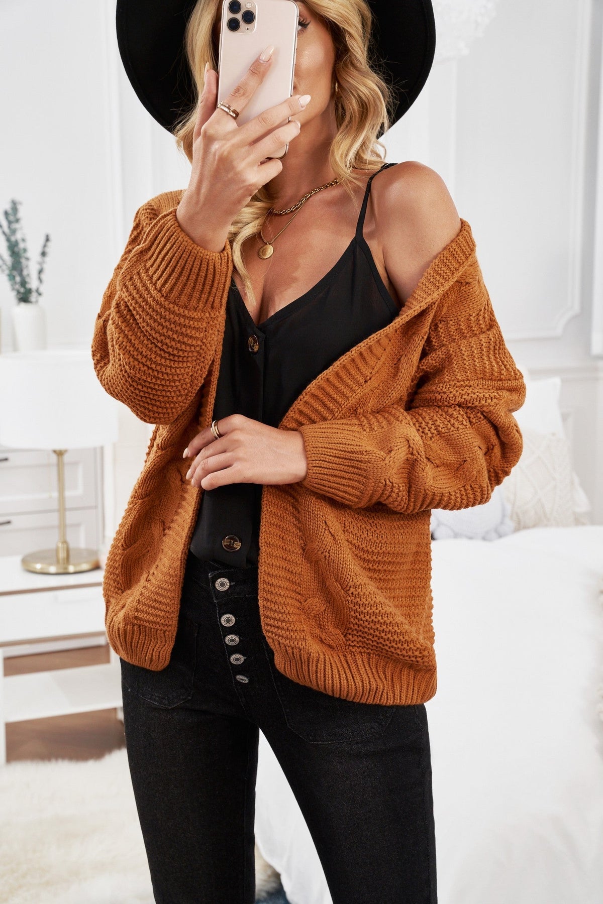 Roelina | Wijde Kaki Damescardigan – Grofgebreid Vest met Lange Mouwen