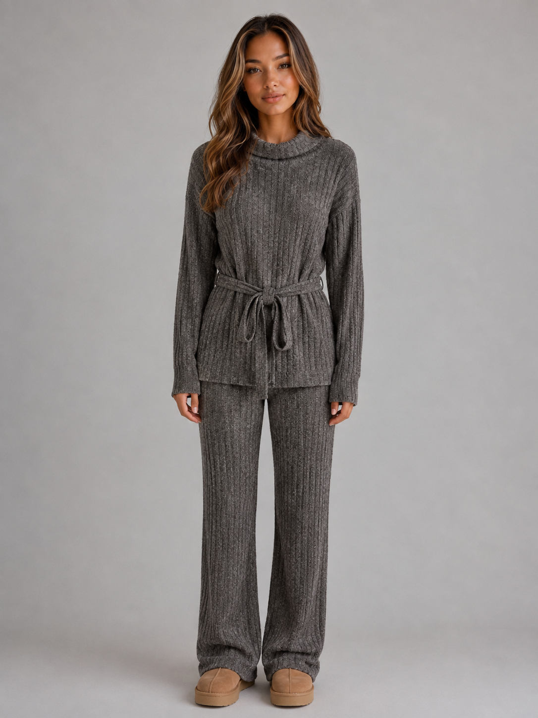 Amber | Dames Co-ord Set met Gebreide Coltrui en Flared Wijde Broek