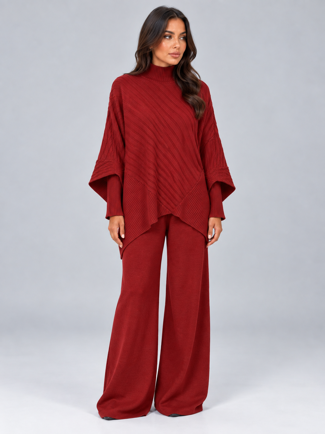 Aline | Dames Gebreide 2-Delige Set met Asymmetrische Trui en Wijde Broek