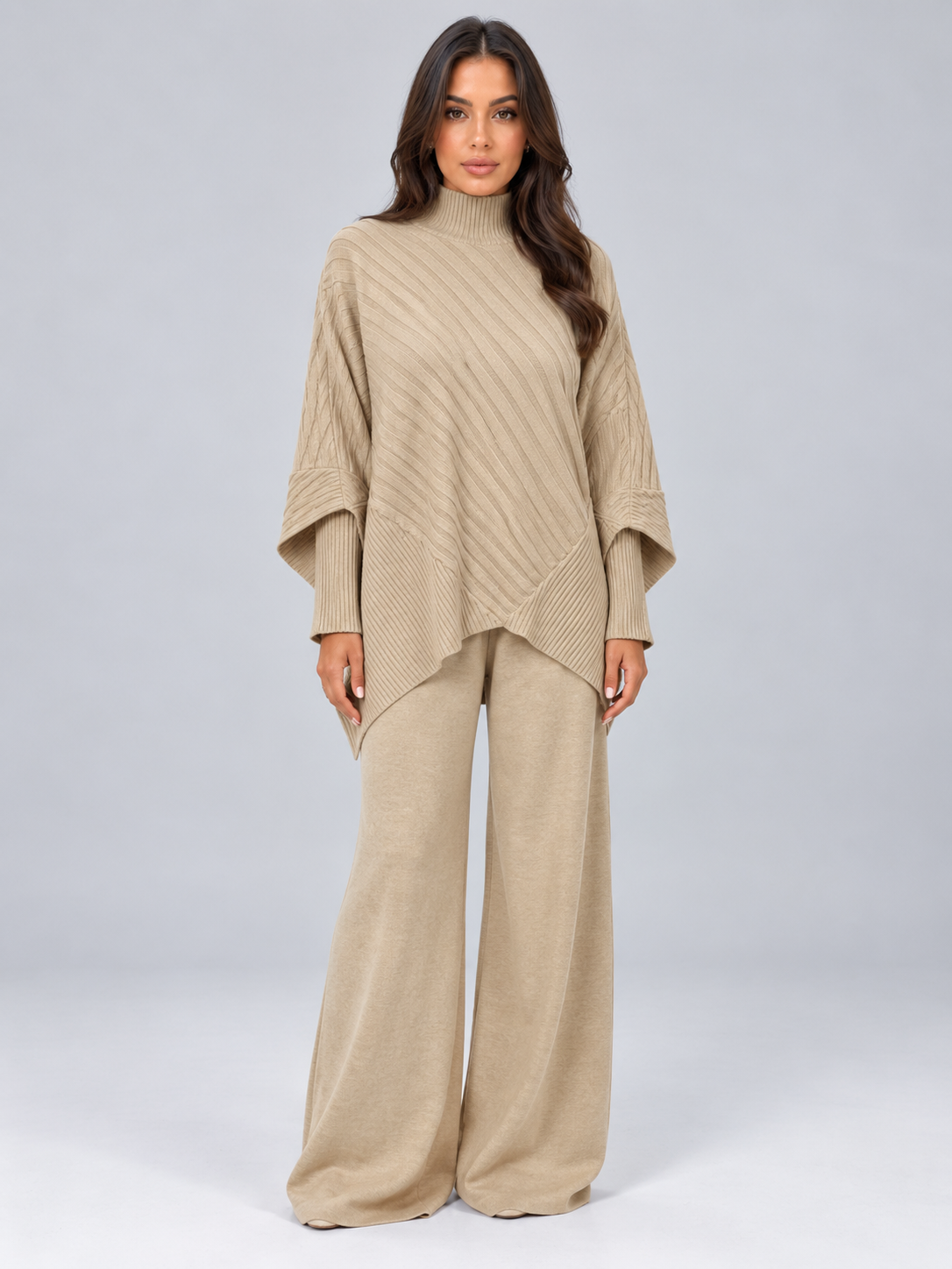 Aline | Dames Gebreide 2-Delige Set met Asymmetrische Trui en Wijde Broek