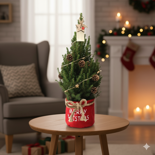 Kleine Kerstboom in Xmas Bag rood - Dennenappel lichtjes