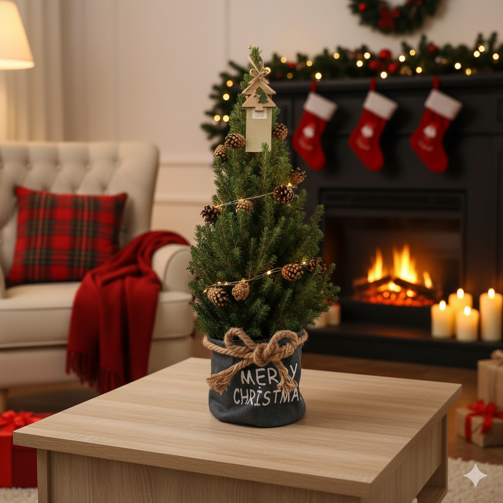 Kleine Kerstboom in Xmas Bag blauw - Dennenappel lichtjes