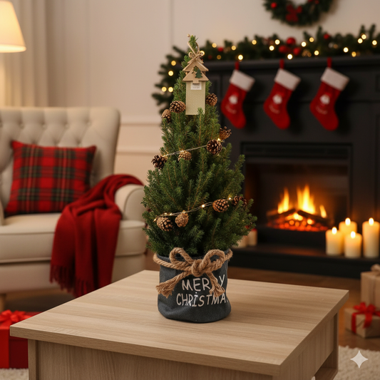 Kleine Kerstboom in Xmas Bag blauw - Dennenappel lichtjes