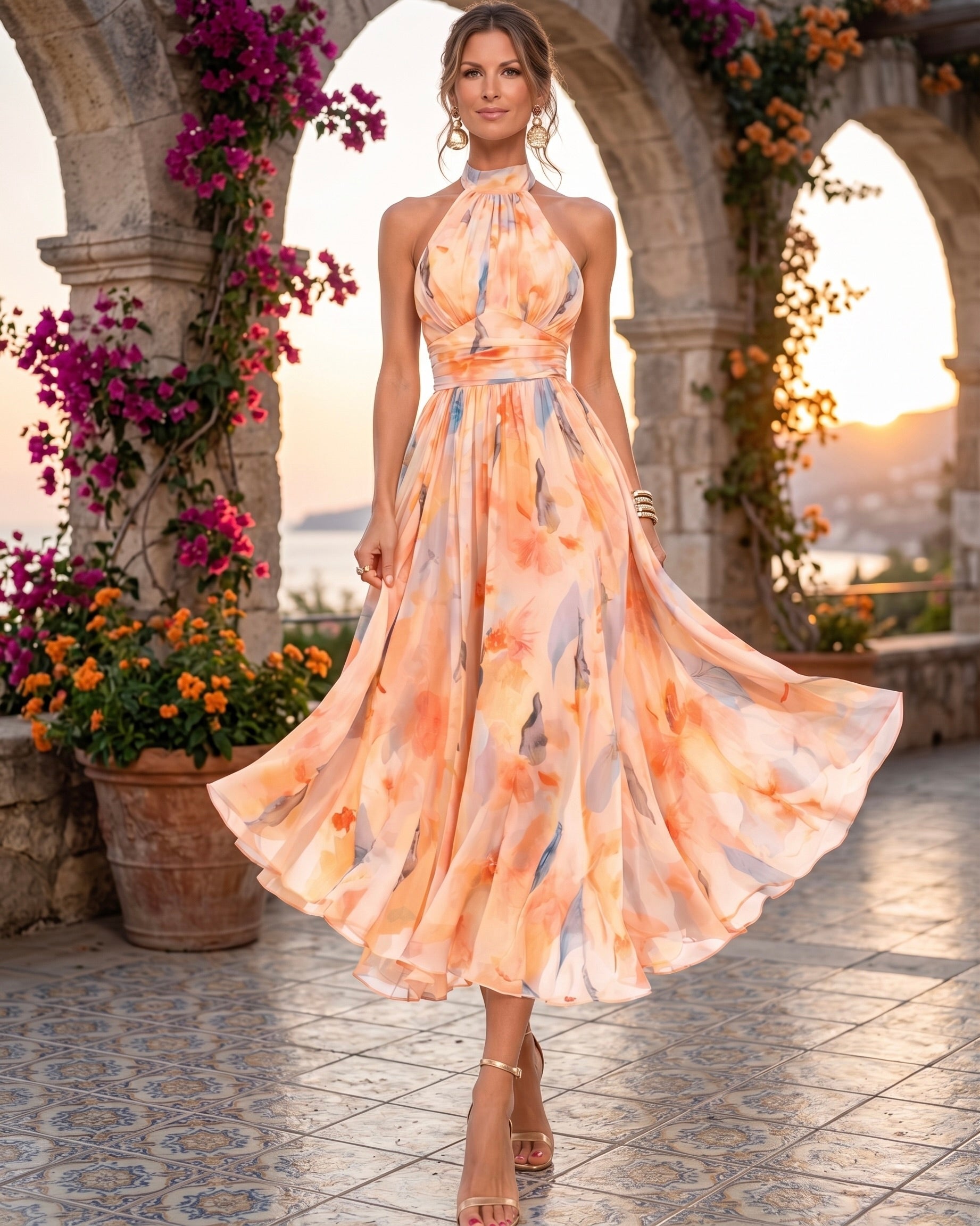 Eira | Damesjurk met Halterhals, Aquarel Bloemenprint & Vloeiende Maxi Pasvorm