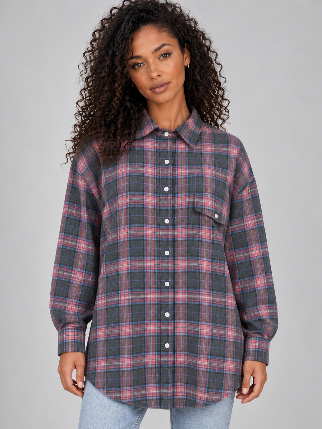 Ardina | Oversized Geruite Damesblouse met Knoopsluiting en Lang Model