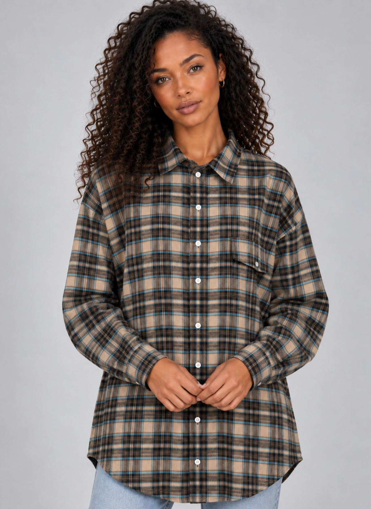 Ardina | Oversized Geruite Damesblouse met Knoopsluiting en Lang Model