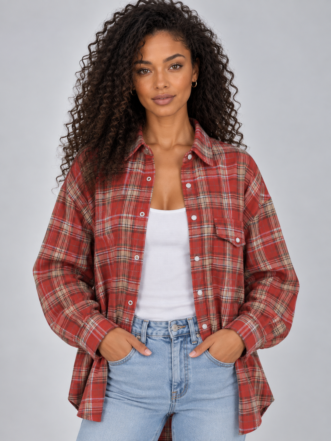 Ardina | Oversized Geruite Damesblouse met Knoopsluiting en Lang Model
