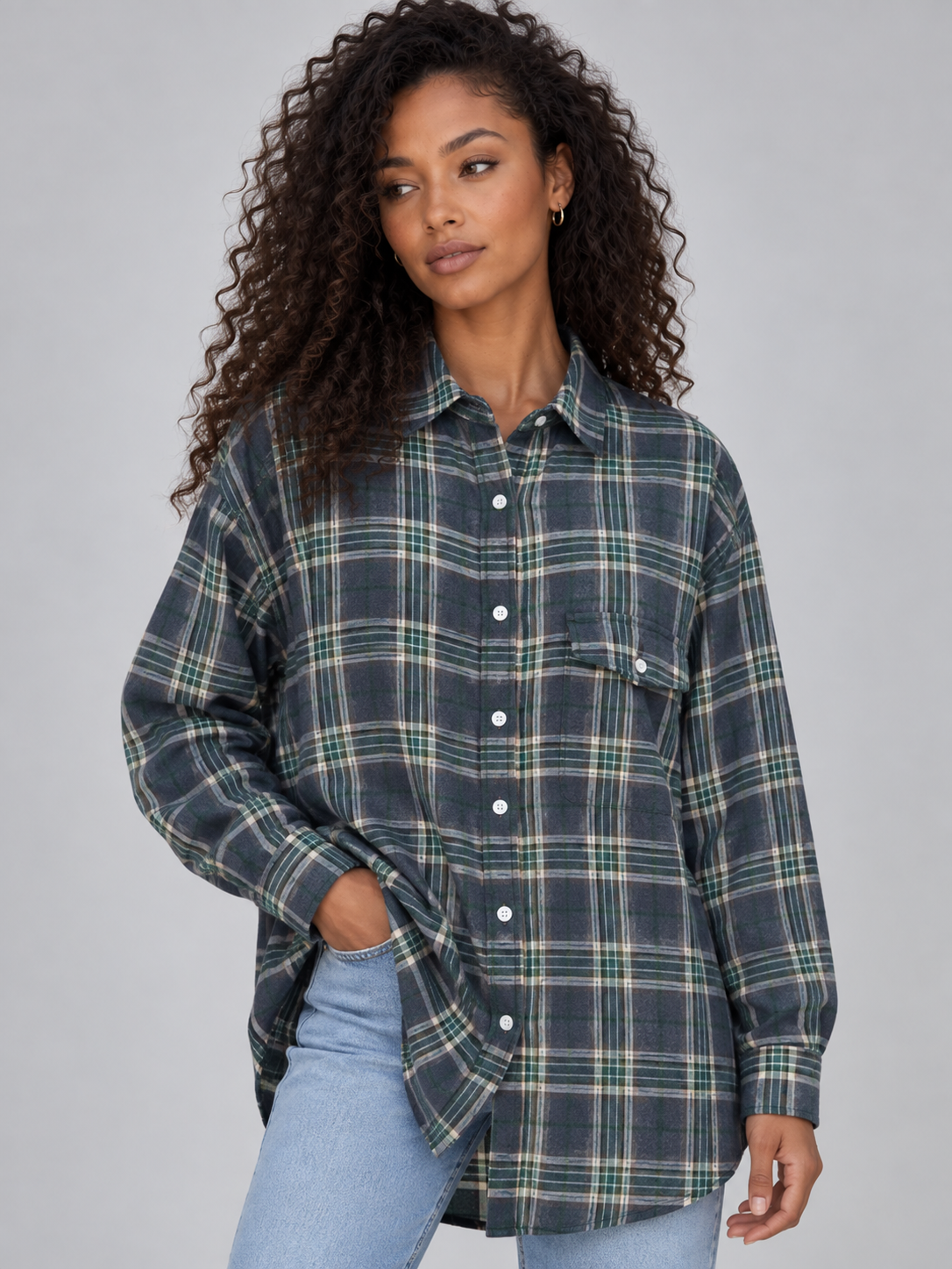 Ardina | Oversized Geruite Damesblouse met Knoopsluiting en Lang Model