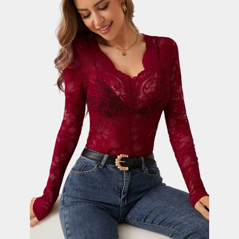 Winnie | Elegante Kanten Top Dames – V-Hals Blouse met Lange Mouwen