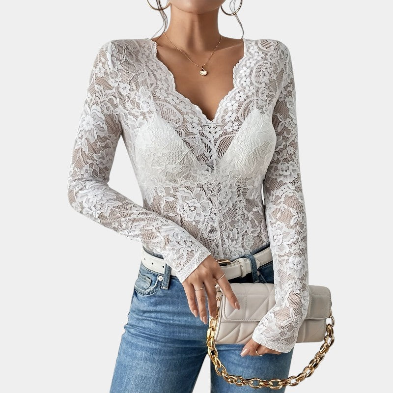 Winnie | Elegante Kanten Top Dames – V-Hals Blouse met Lange Mouwen