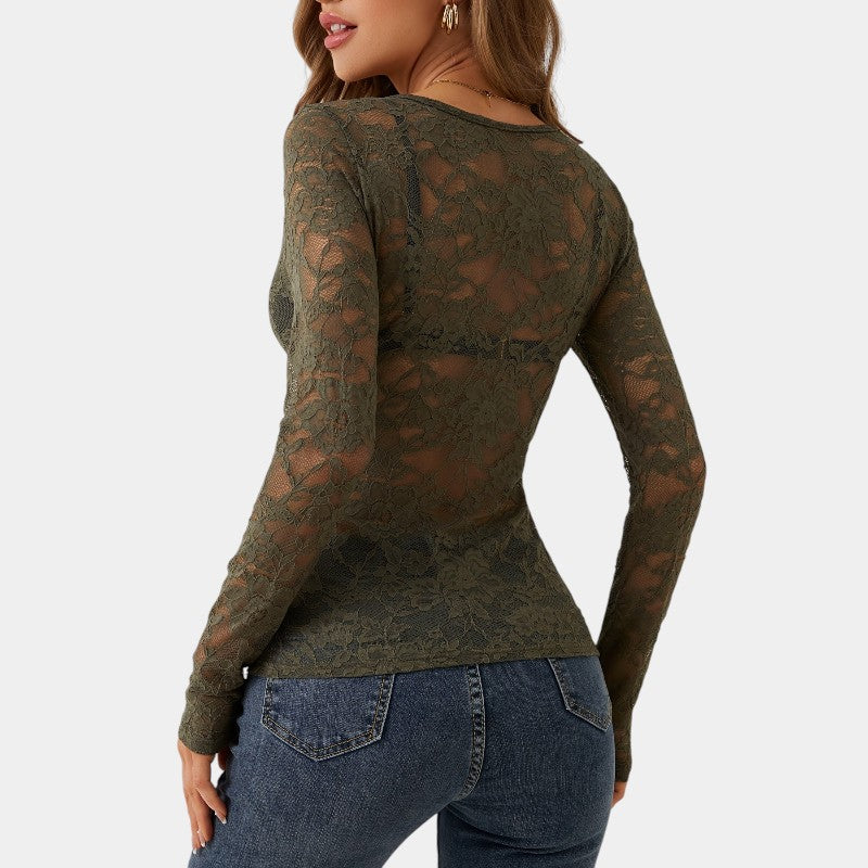Luciana kanten top dames – elegante V-hals met lange mouwen