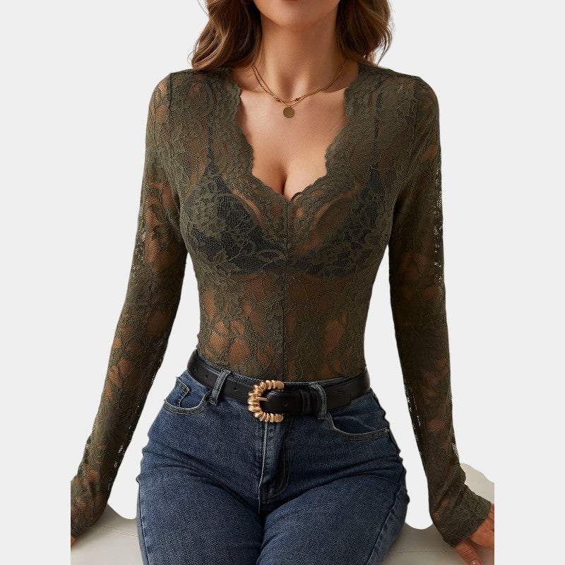 Winnie | Elegante Kanten Top Dames – V-Hals Blouse met Lange Mouwen