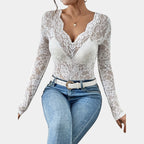 Winnie | Elegante Kanten Top Dames – V-Hals Blouse met Lange Mouwen
