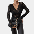 Winnie | Elegante Kanten Top Dames – V-Hals Blouse met Lange Mouwen