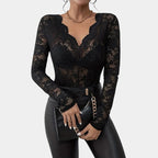 Winnie | Elegante Kanten Top Dames – V-Hals Blouse met Lange Mouwen