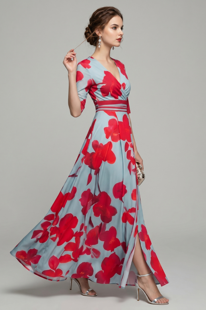 Demi | Dames Maxi Jurk met Bloemenprint – Getailleerde Taille Midi Mouw