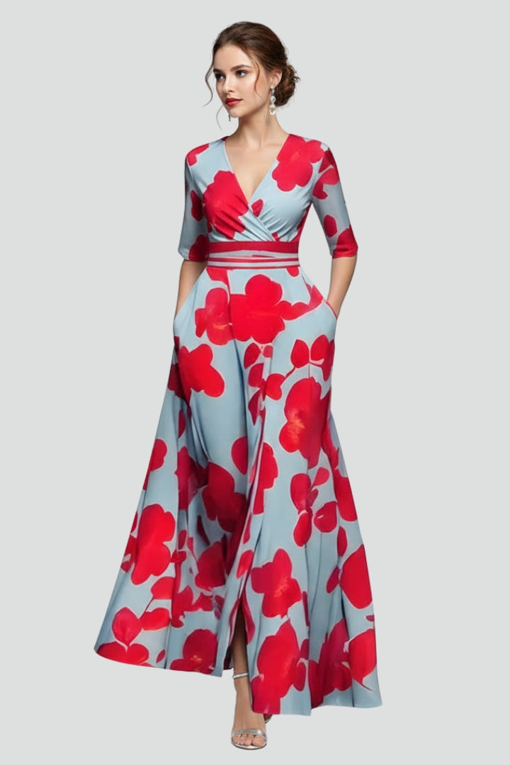 Demi | Dames Maxi Jurk met Bloemenprint – Getailleerde Taille Midi Mouw
