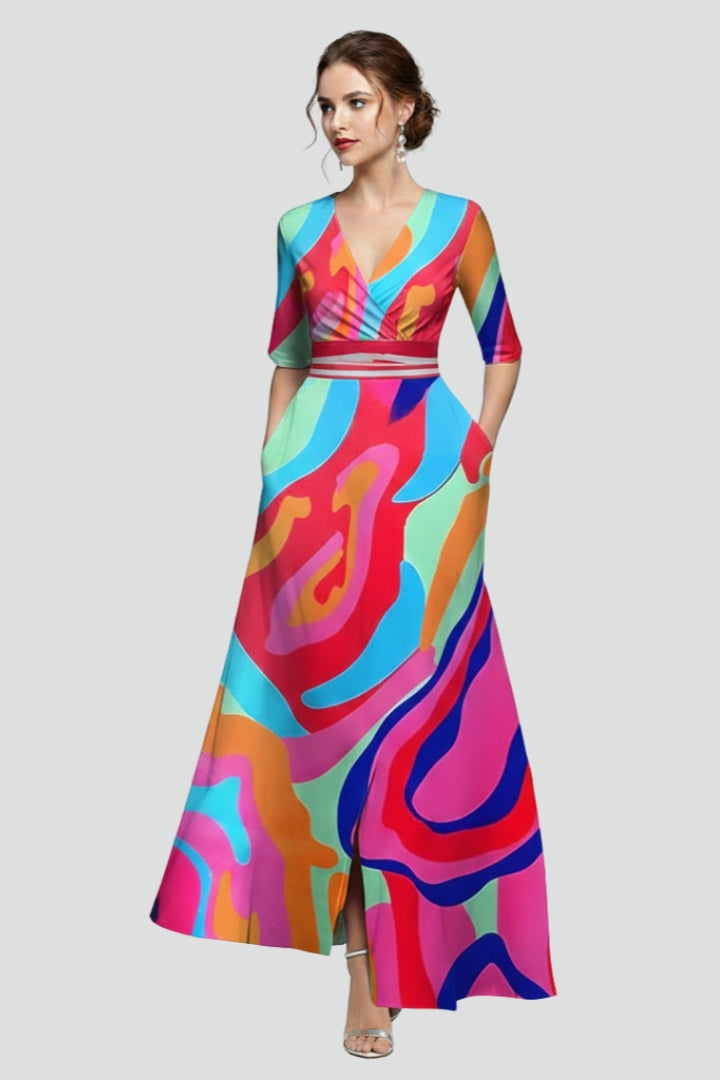 Kyra | Dames bloemen lange jurk – getailleerde maxi-jurk met taille