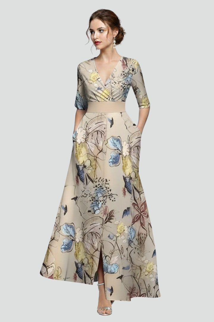 Kyra | Dames bloemen lange jurk – getailleerde maxi-jurk met taille